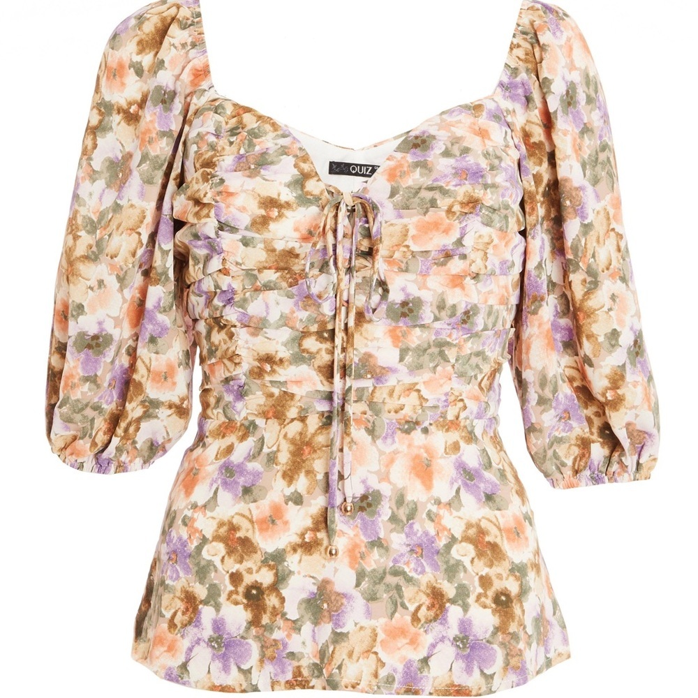 Quiz Ruched Half Sleeve Blouse Top Floral Multicoloured Size 14 US New - Picture 2 of 6